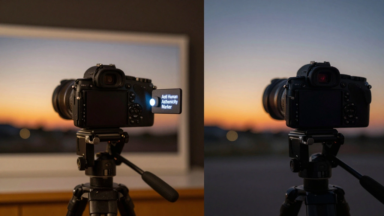 Camera with an activated &#039;Human Authenticity Marker&#039; toggle beside original and AI-altered photos.