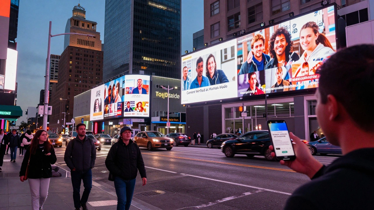 City street with digital billboards displaying labeled AI content and a person holding a verified human-made video.