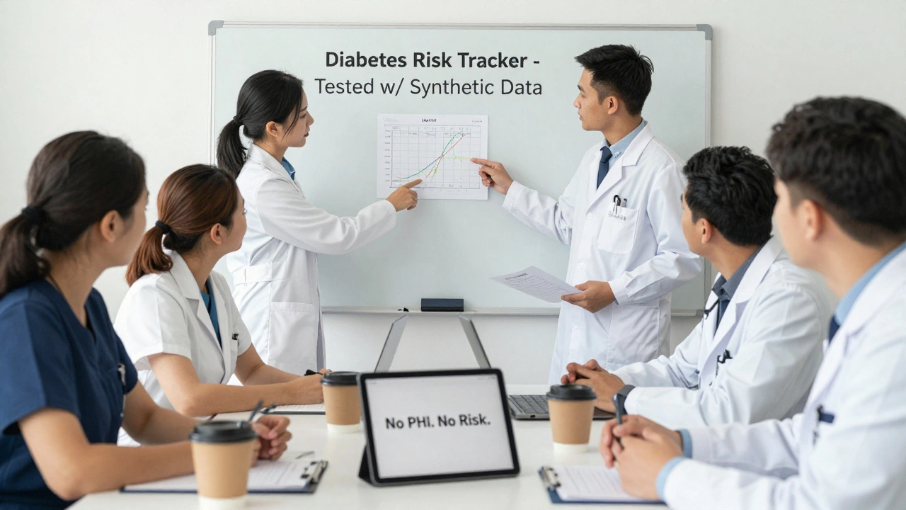 Clinicians reviewing printed vibe-coded prototype on table, whiteboard shows &#039;Diabetes Risk Tracker&#039; with synthetic data.