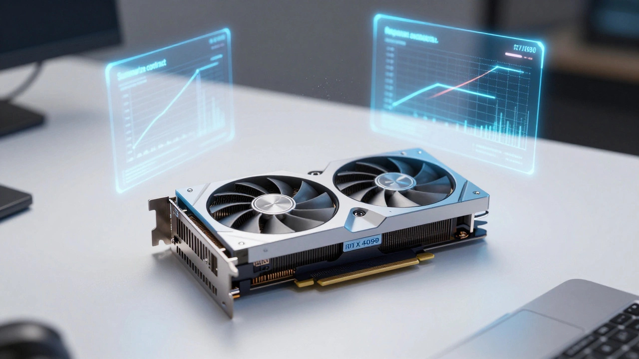 Consumer GPU with holographic fine-tuning data floating above it on a clean desk.