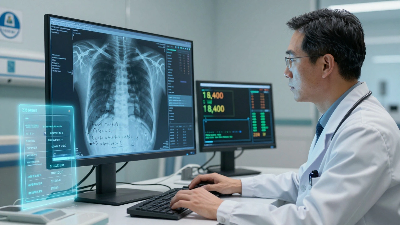 Doctor reviewing AI-generated medical summary combining X-ray, notes, and voice transcription with compliance indicators visible.