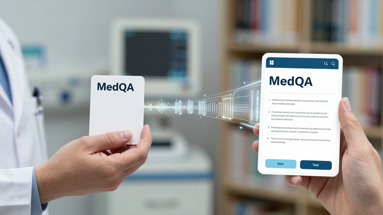 Medical professional verifying training data that transforms into an AI-generated clinical response.