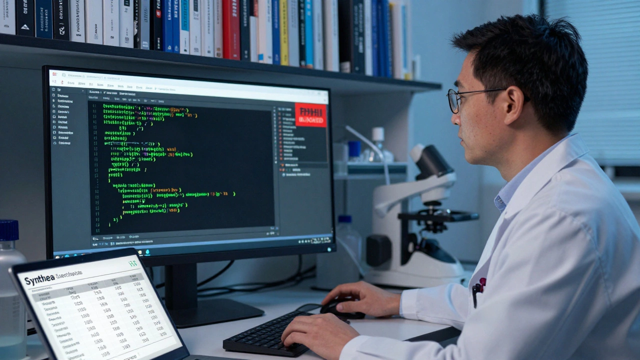Researcher in lab viewing AI-generated code on monitor with &#039;PHI BLOCKED&#039; overlay, synthetic patient data on desk.
