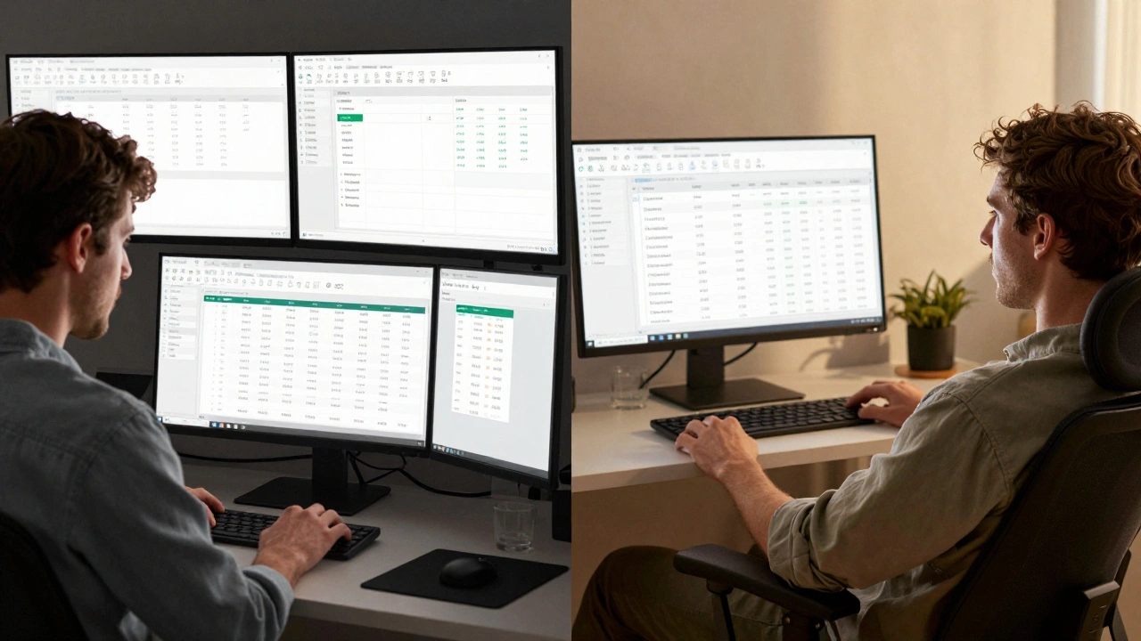 Split image: left shows person overwhelmed by spreadsheets, right shows same person relaxed with an automated dashboard.