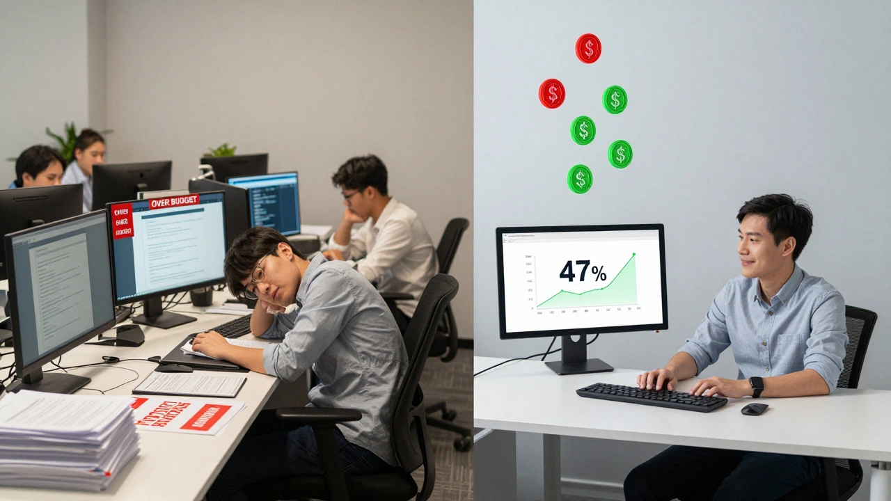 Split office scene: chaotic wasteful workspace vs. calm optimized workspace.