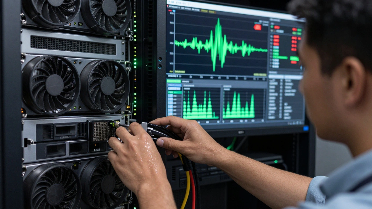 Technician monitoring NVIDIA A100 servers with live pipeline metrics showing video, audio, and text alignment in real time.