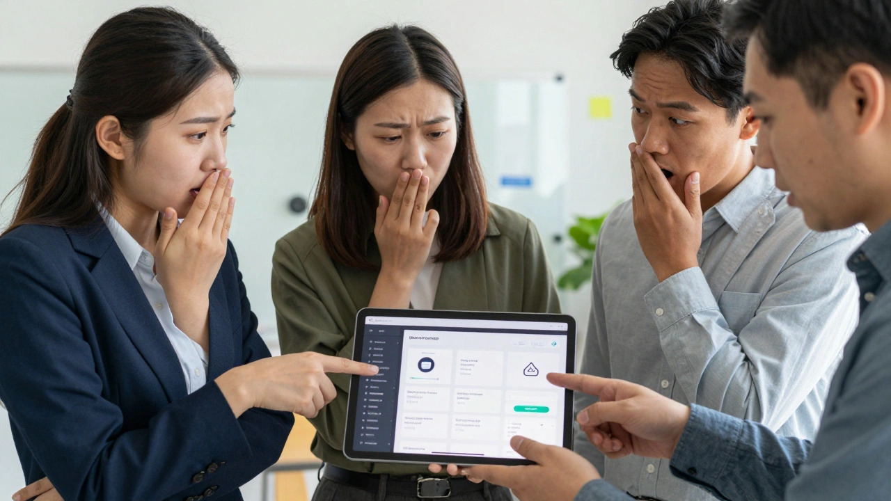 Three non-technical professionals examine a custom app on a tablet, expressions of relief and delight.