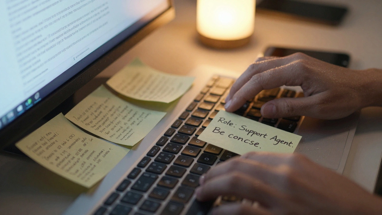 Two hands type contrasting prompts—one long and messy, one short and clean.