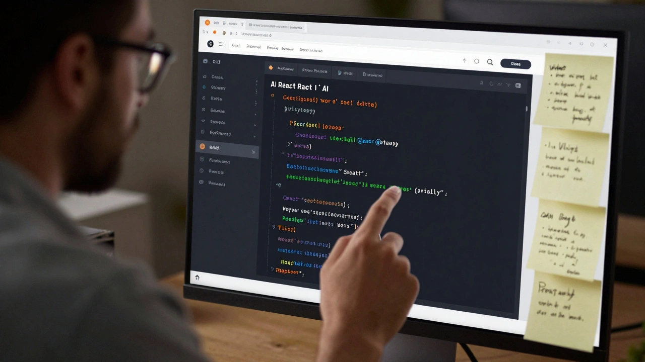 Developer reviewing AI-generated React navbar with dark mode toggle on monitor.