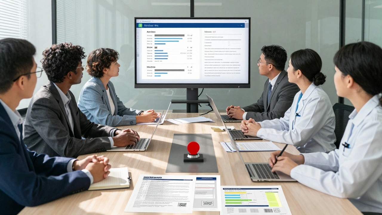 Diverse ethics committee debating an LLM audit report with compliance documents on the table.