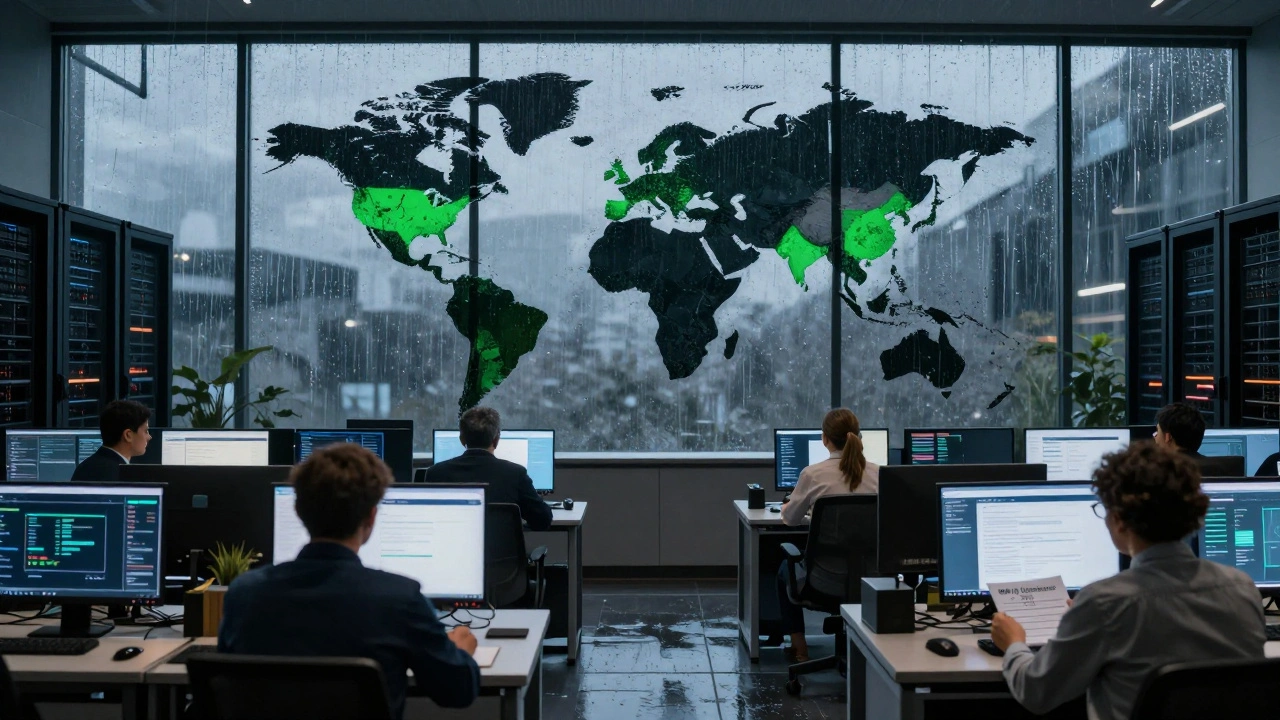 EU office at dusk, employees facing AI dashboards, world map outside shows only 16 compliant countries lit.