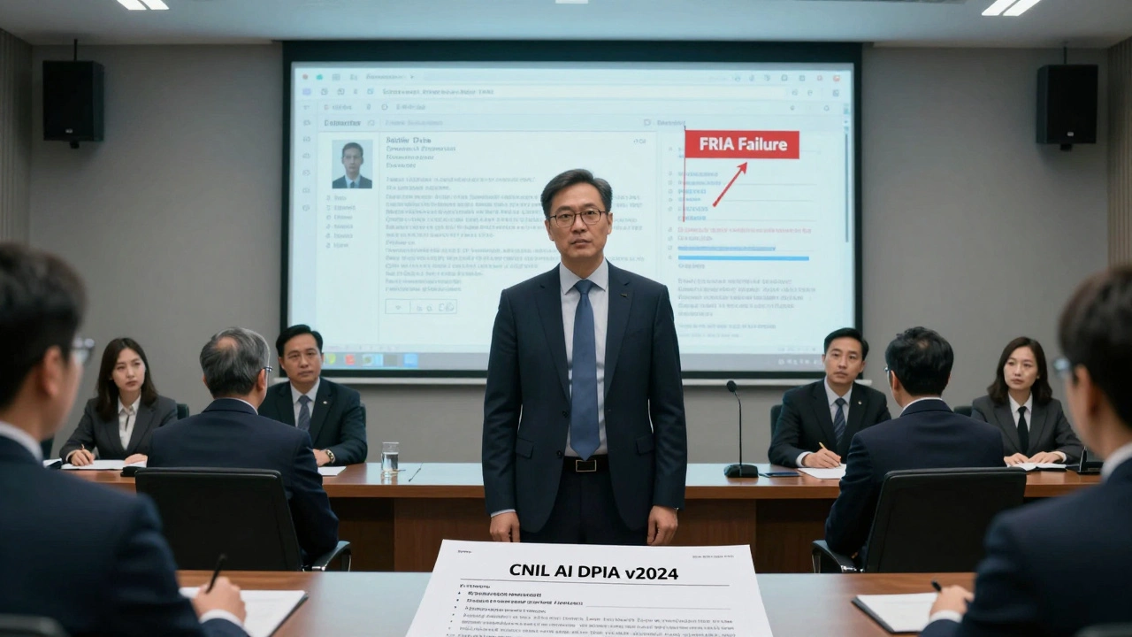 Executive facing regulators as AI-generated fake medical records are projected behind them.