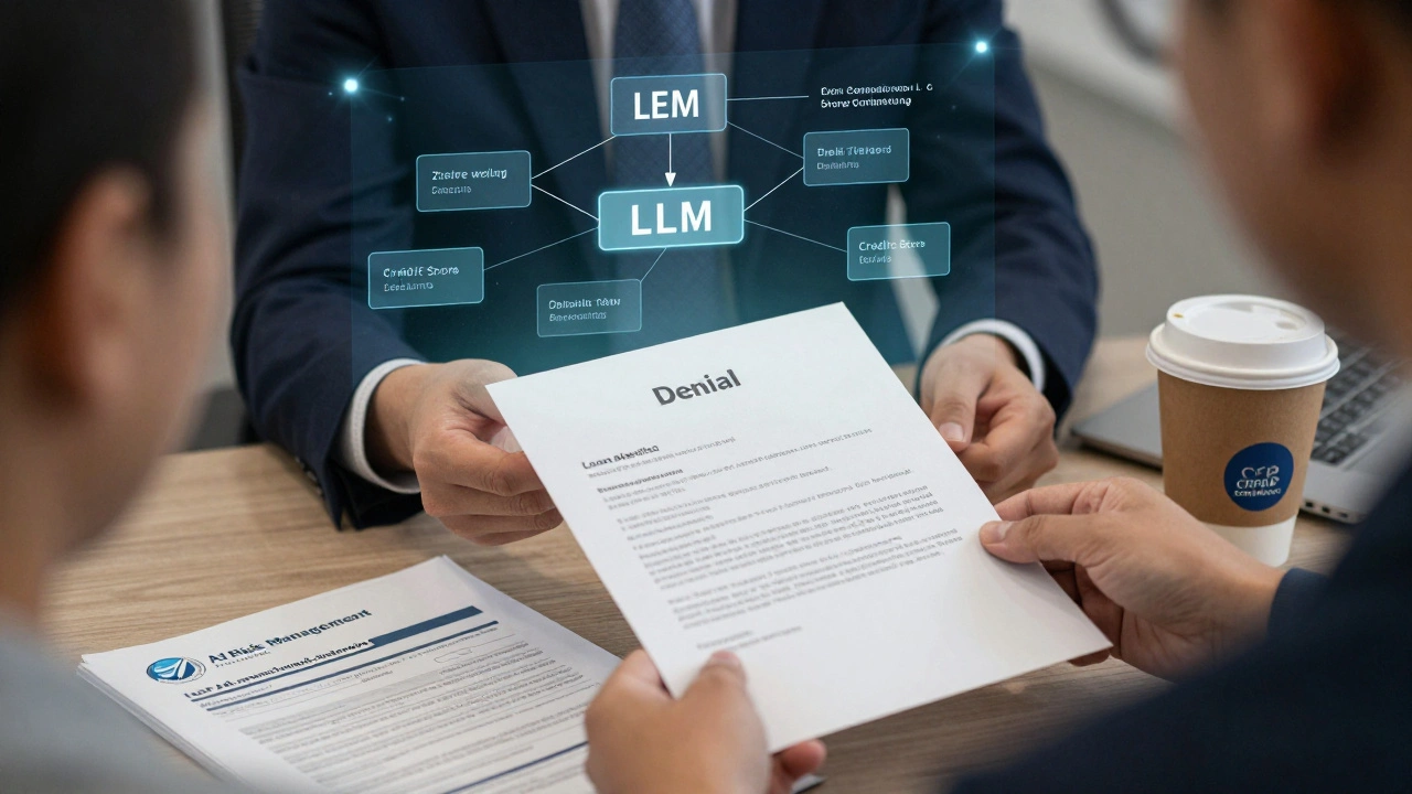 Financial advisor delivering a loan denial with an LLM decision overlay visible behind them.