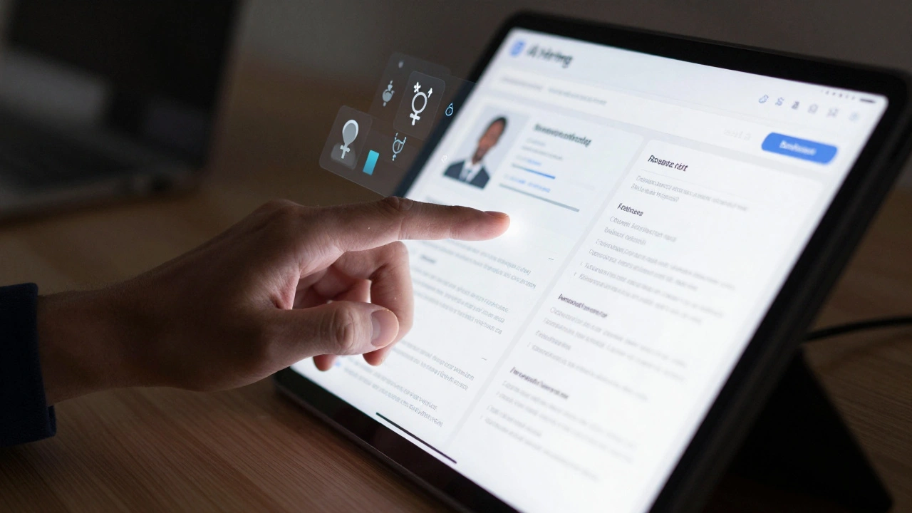 Hand hovering over AI hiring tool showing biased algorithmic scoring.