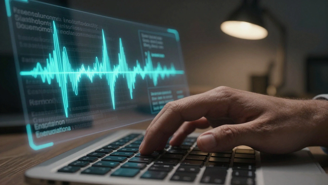 Hand paused above a keyboard, with glowing thinking tokens visible in a holographic token stream.