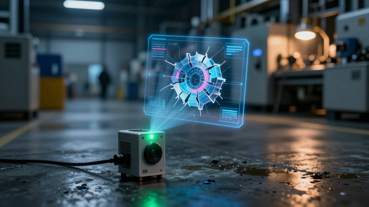 Industrial sensor projecting a holographic defect analysis on a factory floor at night.