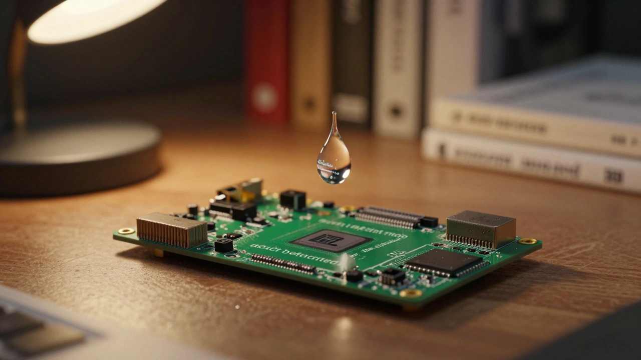 Raspberry Pi running an AI model, with a water droplet reflecting AI-generated text fragments.