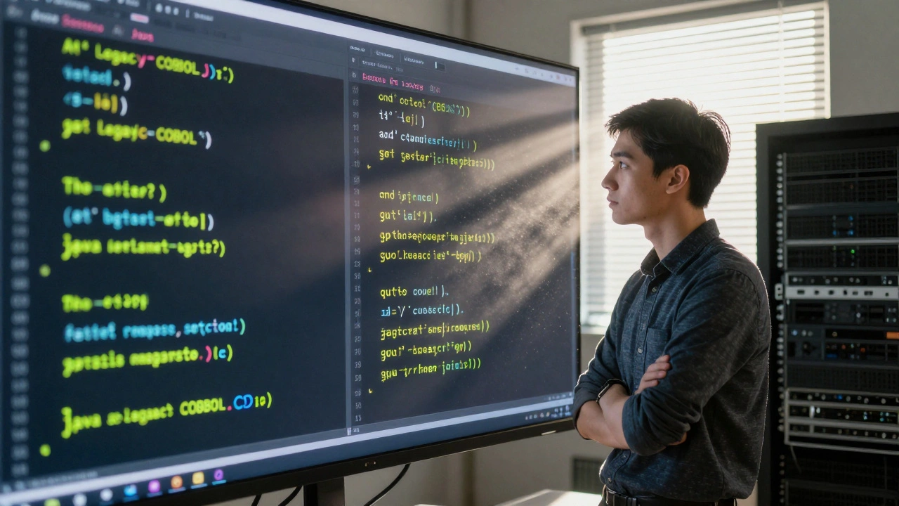 Side-by-side legacy COBOL and modern Java code on digital wall, developer observing.