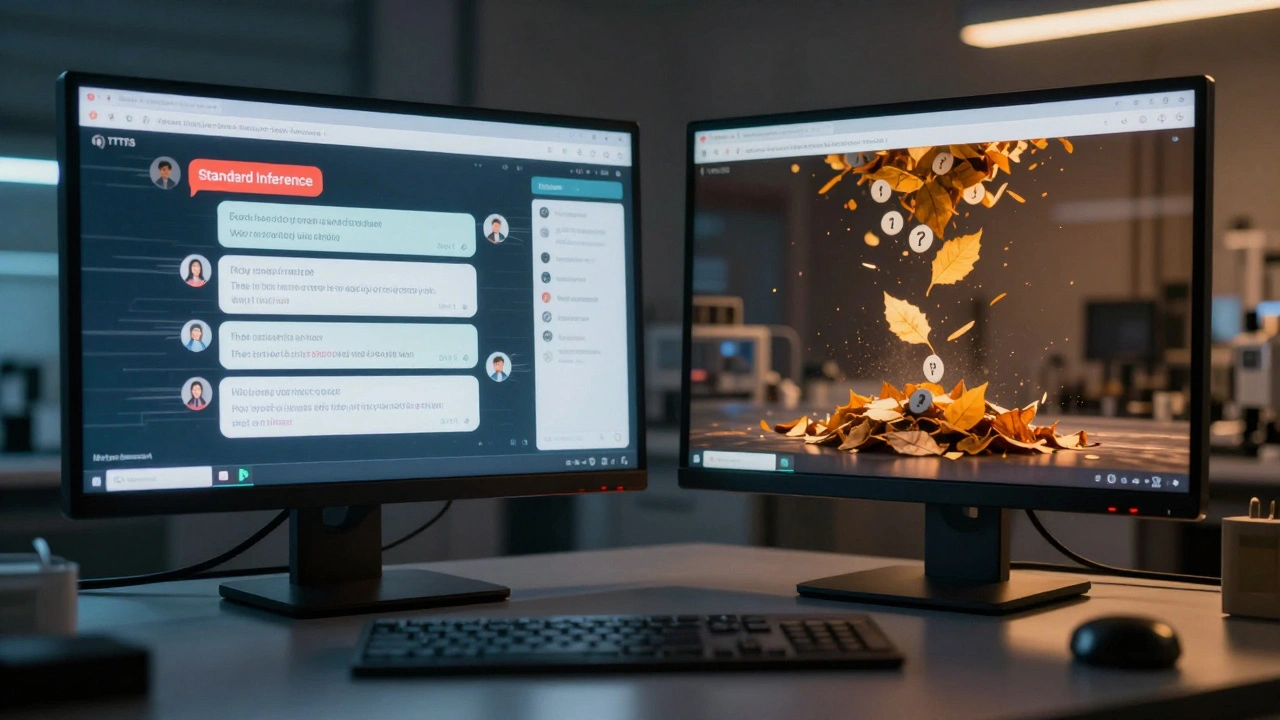 Split scene: fast chatbot on left, slow thoughtful analysis on right, both reflected in a monitor.