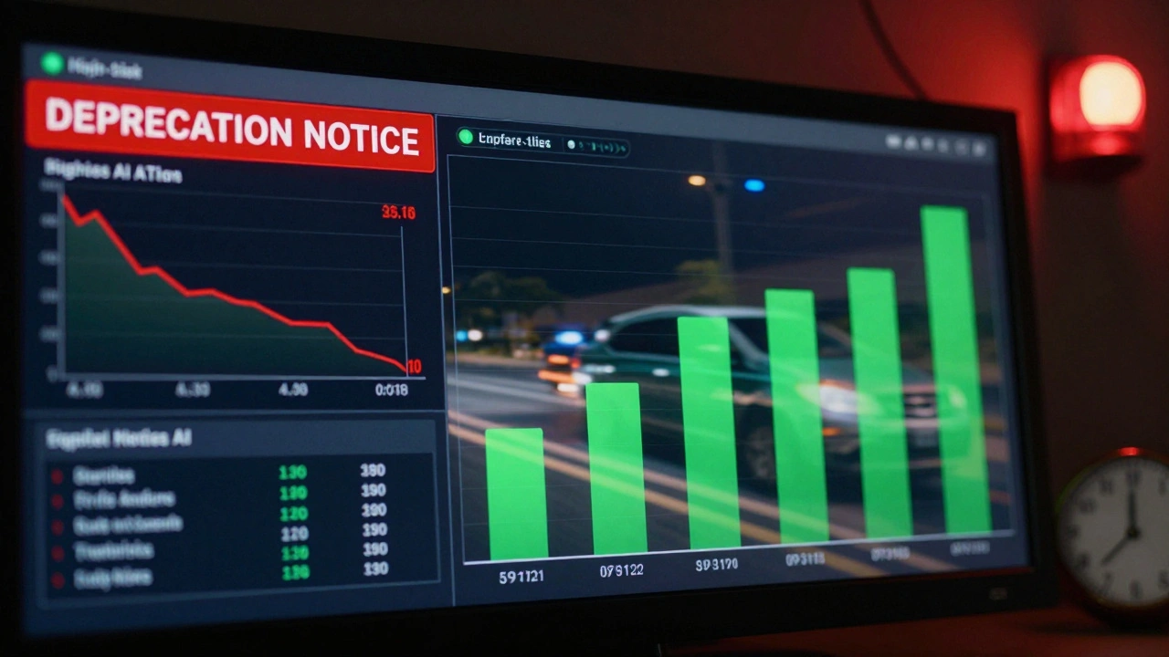 Split-screen dashboard showing deprecated medical AI model transitioning to updated version