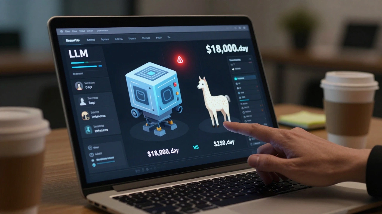 A laptop screen showing cost comparison between expensive and optimized LLM inference, with warning alerts.