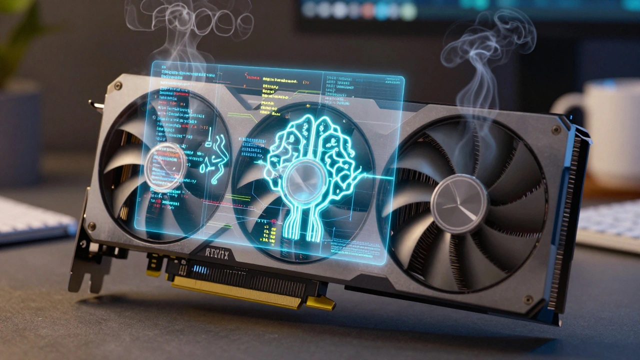 An RTX 4090 GPU with holographic expert routing paths glowing above it, running a sparse MoE model efficiently.