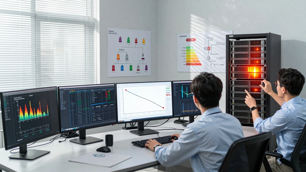 Engineers monitoring AI costs in a control room, with thermal overlays and efficiency graphs on whiteboards.