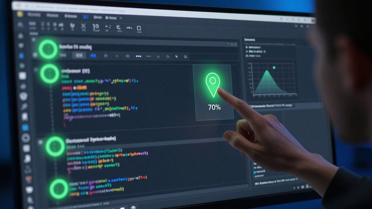 JetBrains IDE with glowing context lenses highlighting pinned files, dark theme UI, and focused developer hand pointing at pin icon.