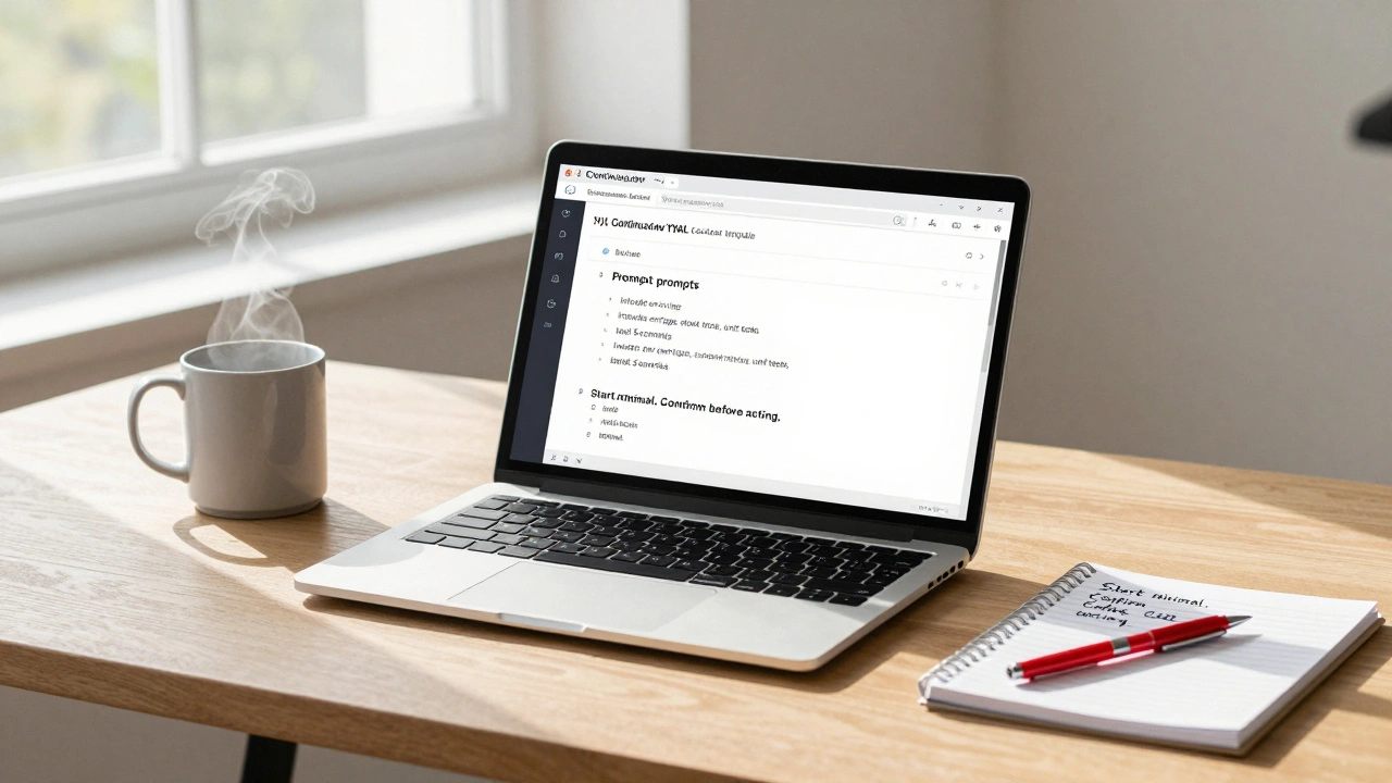 Laptop displaying a YAML context template for AI prompts, with a mug and handwritten checklist on a wooden desk in morning light.