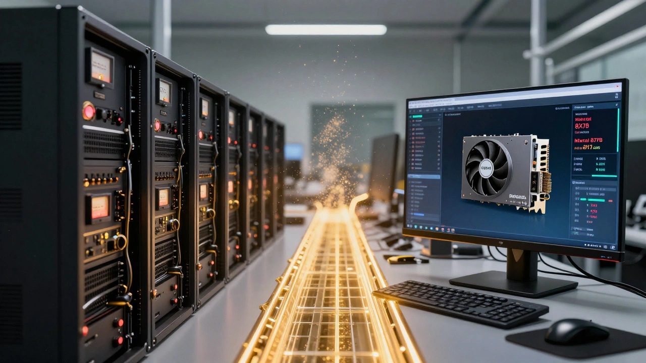 Split scene: massive supercomputer cluster on left, single GPU on right, connected by light symbolizing MoE efficiency.