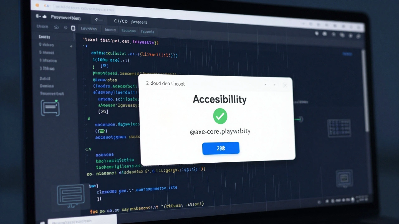 CI/CD dashboard running Playwright with axe-core scanning a dynamically loaded modal.