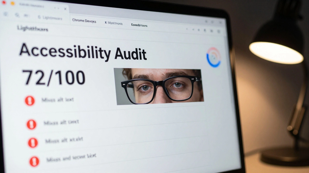 Close-up of Chrome DevTools with Lighthouse accessibility score of 72/100 and warning icons.