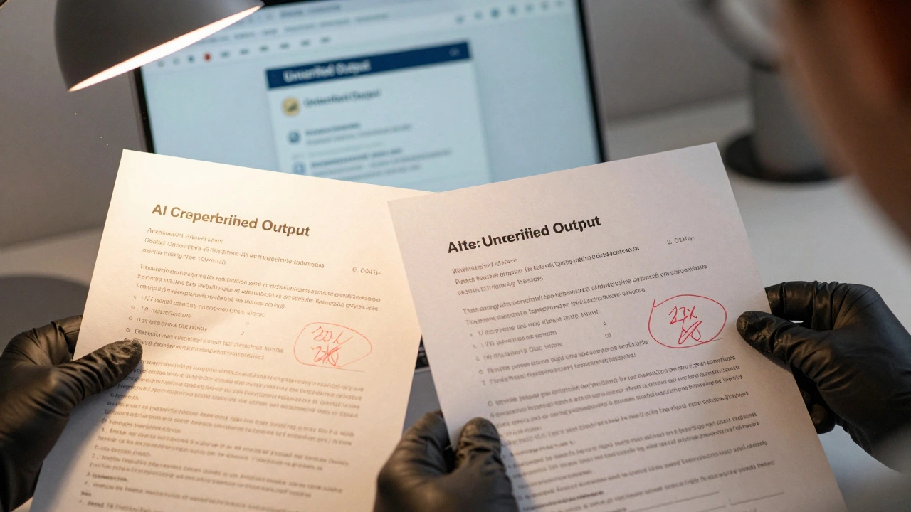Compliance officer's hands annotating an AI-generated document with a highlighted hallucination.