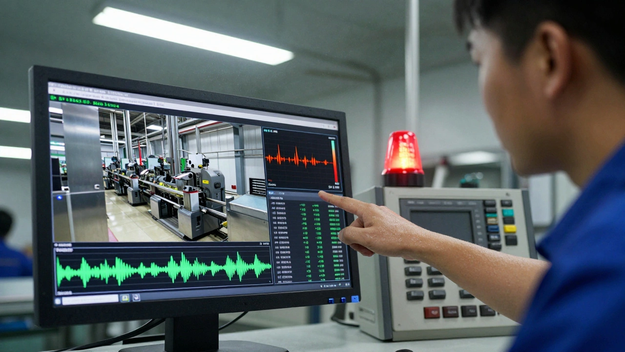 Factory worker analyzing machinery video feed with synchronized sensor data on monitor.