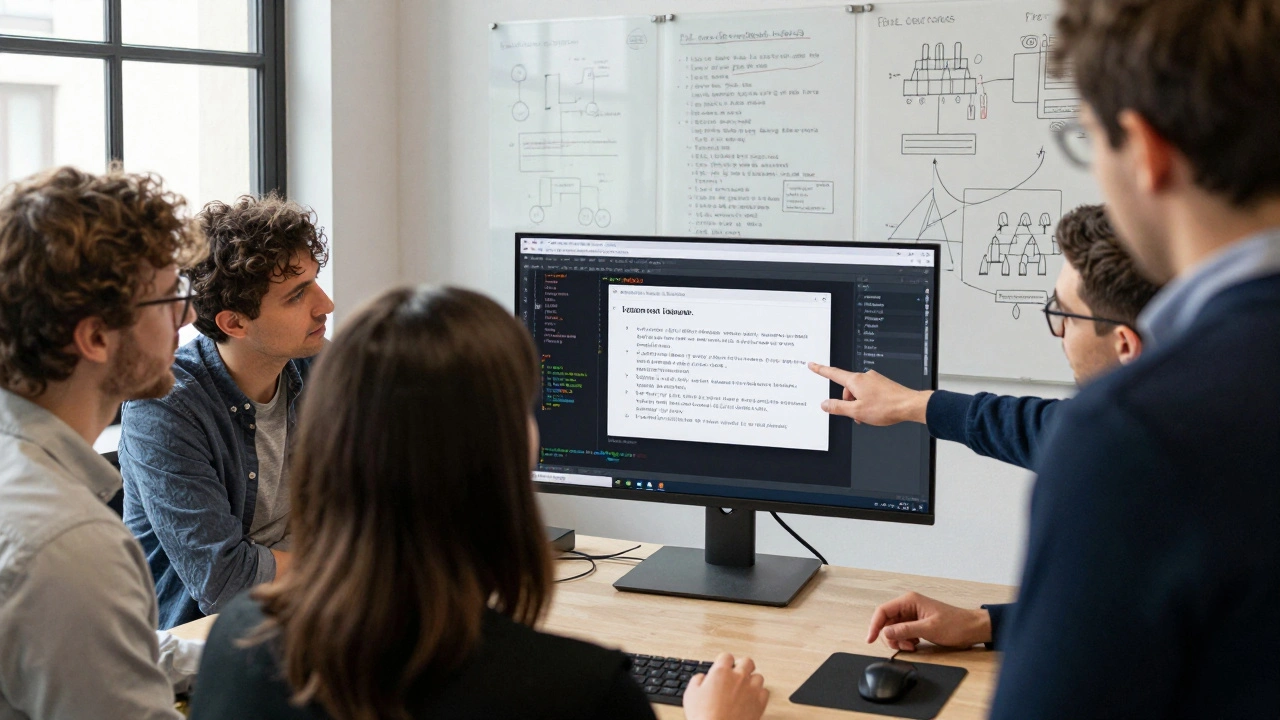 Fintech team reviewing AI-generated code with compliance comments in German, showing trust in customized open-source tools.
