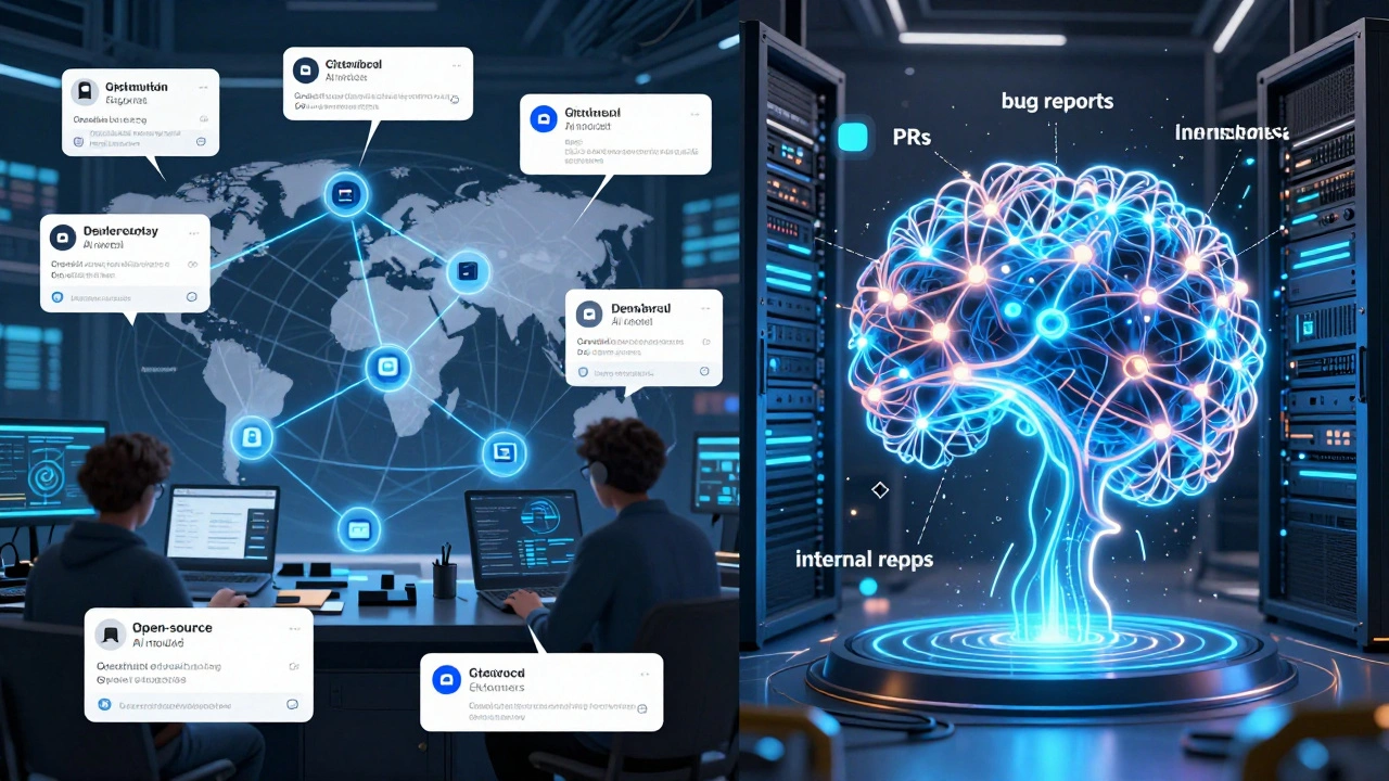Global network of developers contributing to open-source AI models, with data flows visualized inside a server rack.
