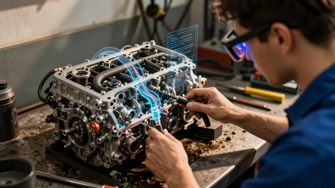 Mechanic using AR glasses to see digital repair overlays on a physical engine.