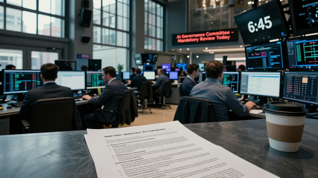 Trading floor with an AI risk alert report on desk under morning light.