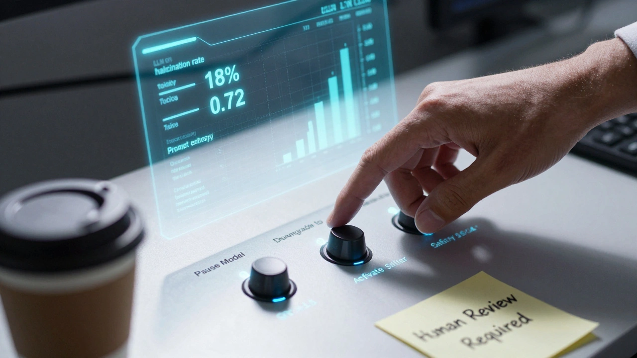 A hand poised above an AI control panel with glowing toggles, surrounded by real-time hallucination and toxicity metrics in hologram form.