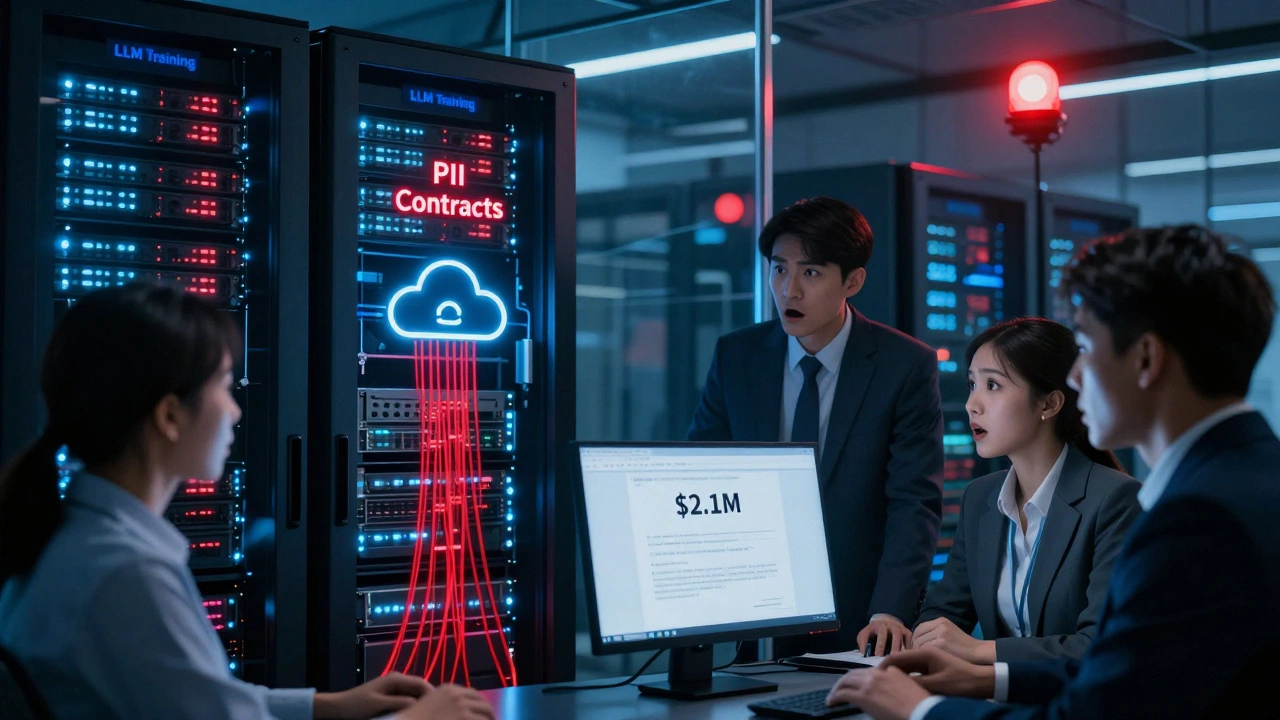 Data center with leaking contract data flowing into a public cloud, legal team reacting to a settlement notice.