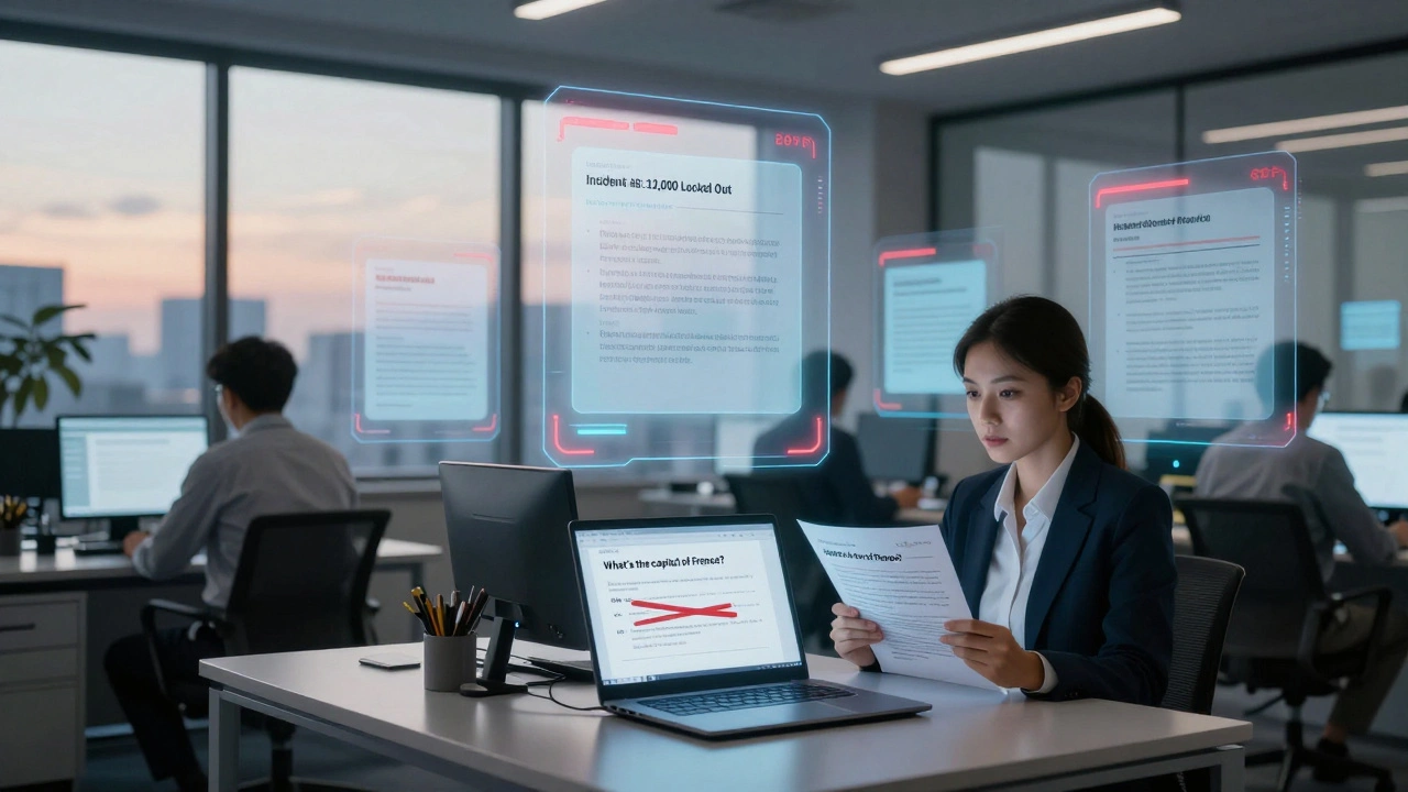 Employees surrounded by floating AI-generated errors in a quiet office, as one woman holds a report about 12,000 locked-out users.