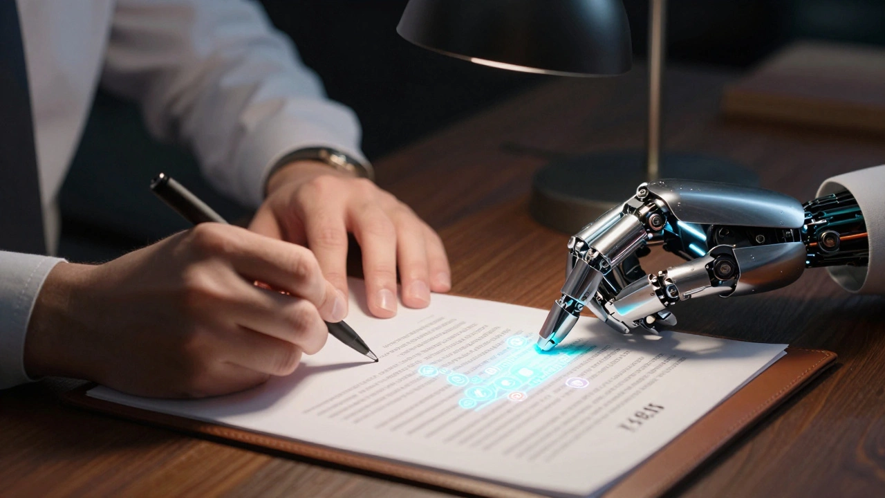 Hand signing contract with robotic hand, glowing audit trails visible on document under warm lamp light.