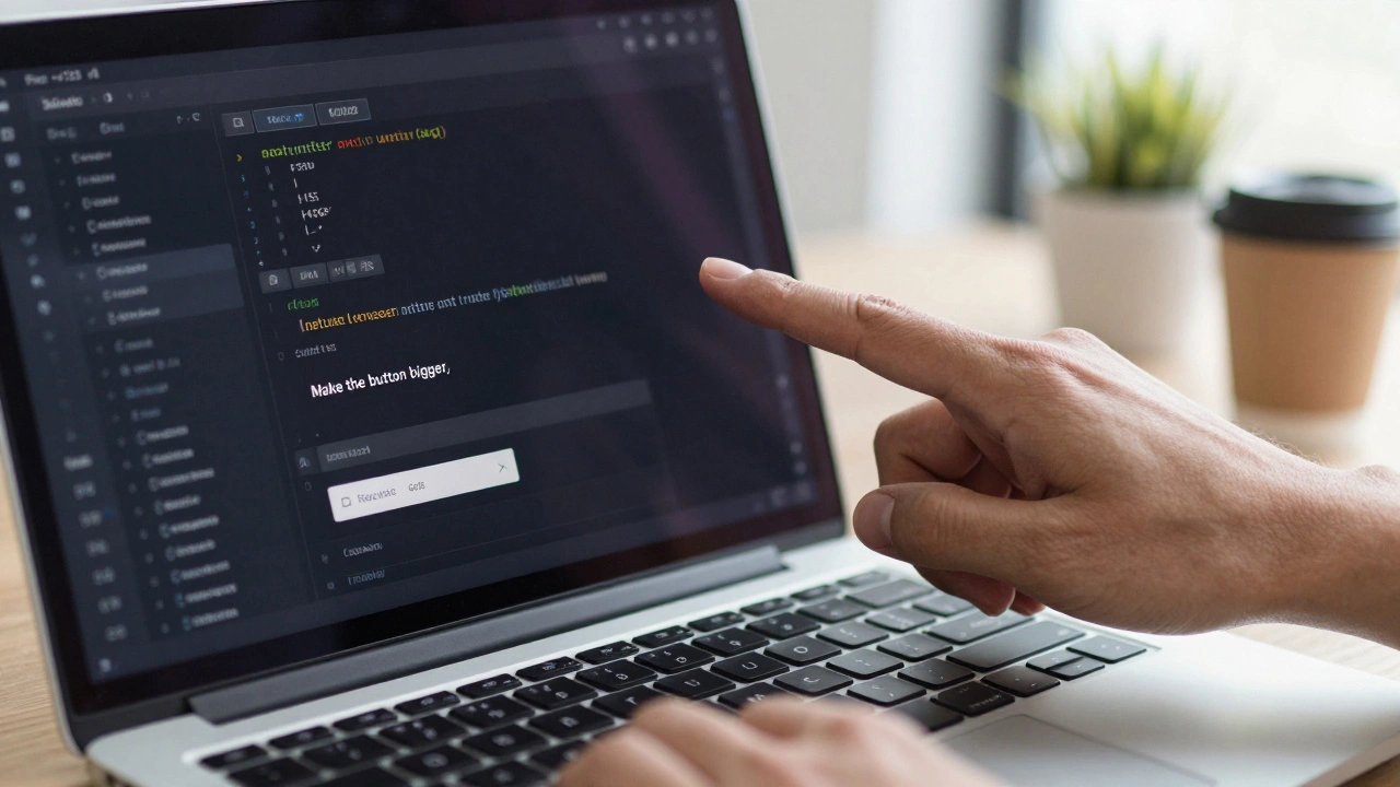 Hand typing a natural language prompt to modify a button on an AI-generated web app interface.