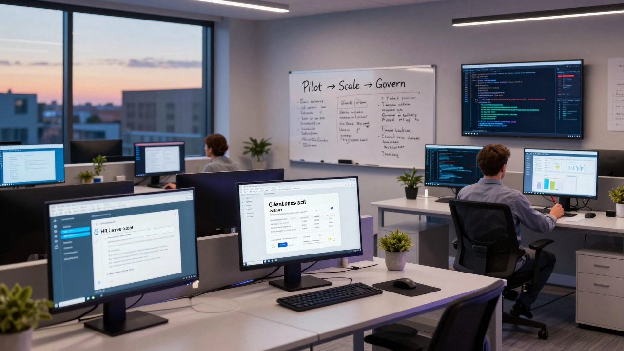 Multiple vibe-coded applications running in a modern office lab, with a developer reviewing code under soft lighting.