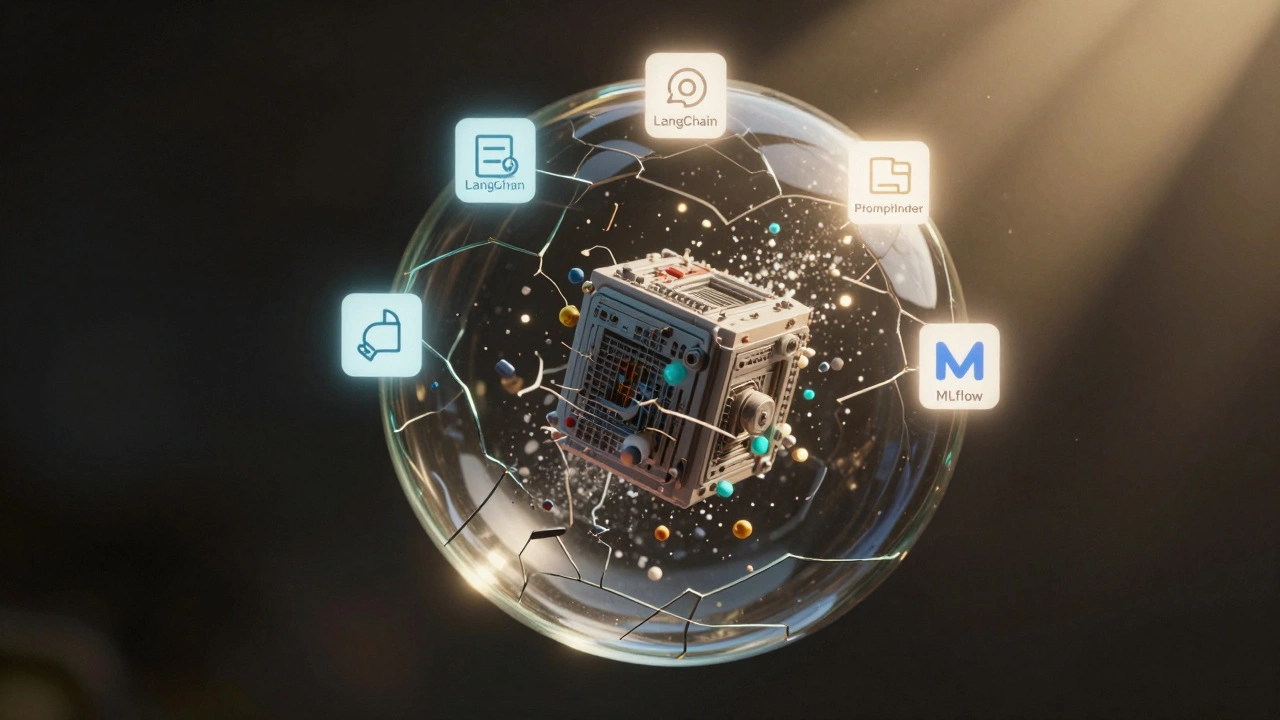 A cracked glass sphere containing a fading LLM, surrounded by glowing LLMOps tool icons under a golden light.