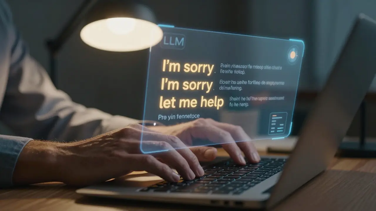 A customer service agent typing as an AI response with empathetic keywords is refined on a holographic overlay.