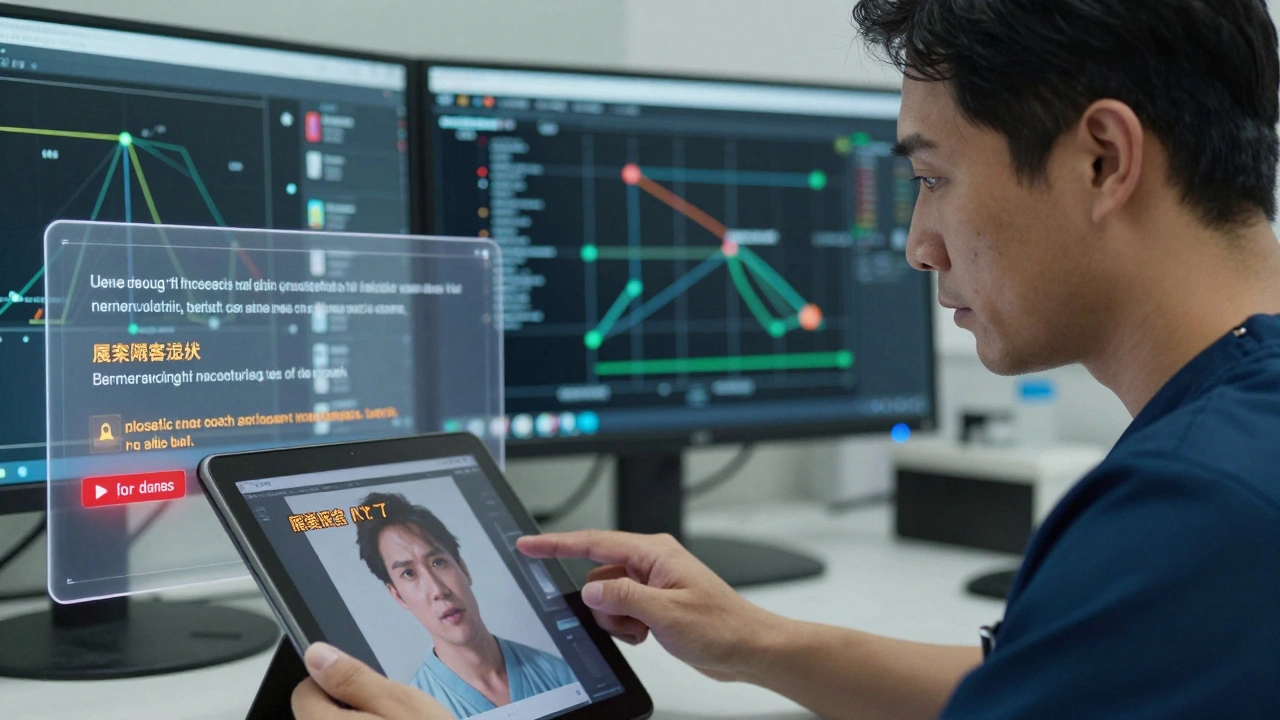 A doctor reviewing an inaccurate AI medical response with drift detection alerts visible on a transparent overlay.