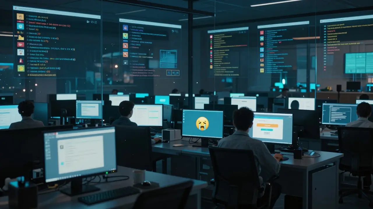 A global support center at night with multilingual chat logs glowing on screens under soft neon lighting.