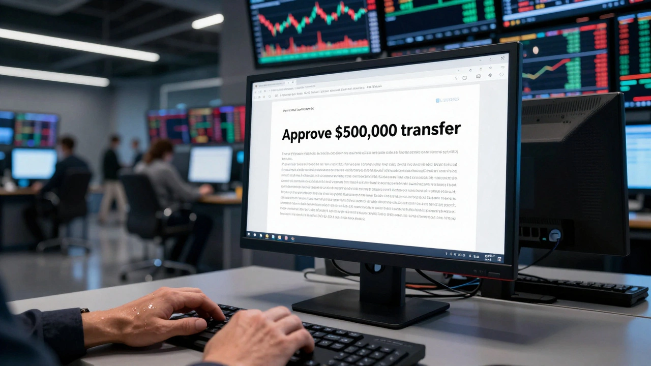 A trading floor screen showing an unauthorized 0,000 transfer initiated by a compromised AI agent.