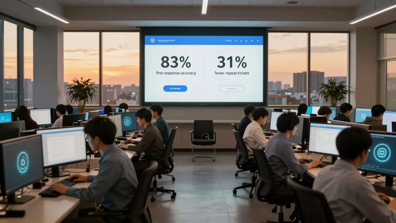 Call center with agents assisted by AI, displaying improved metrics and reduced workload.